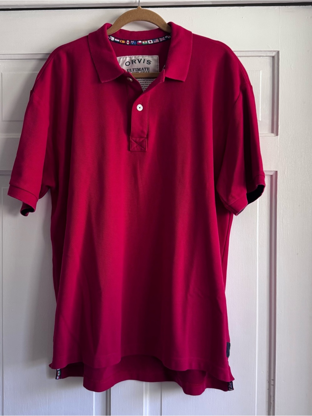 VTG Orvis Polo Style 100% Cotton Shirt Mens Sz L Relaxed Fit Red With Navy Trim